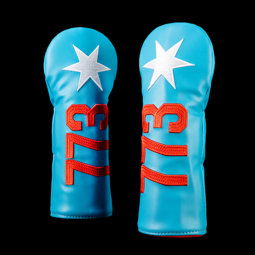 Front view of the Blue Small Talk 773 fairway cover with oversized red "773" numbers and a white six point star.
