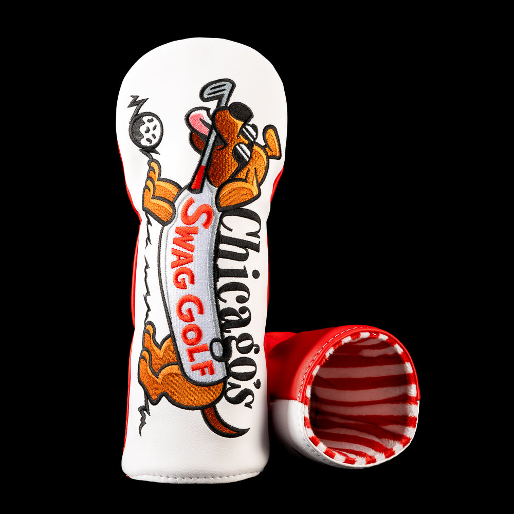 White Turn Dog fairway wood cover featuring a running hot dog holding a golf club with Chicago’s Swag Golf lettering.
