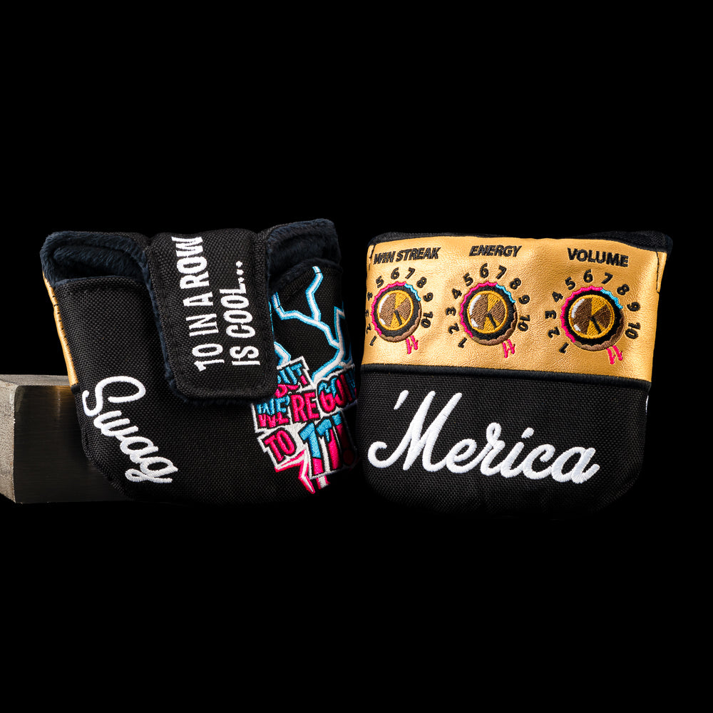 USA Goes to 11 mallet putter cover with a black amplifier design, gold control knobs, neon lightning, and white "'Merica" script lettering.