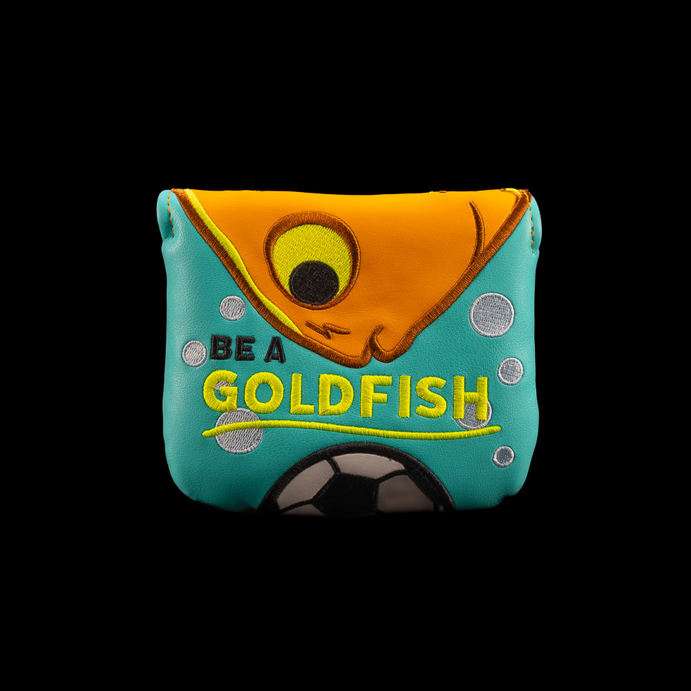 Rewind Golf x Ted Lasso officially licensed mallet golf headcover with 'Be A Goldfish' text and soccer ball design on teal and orange fabric.