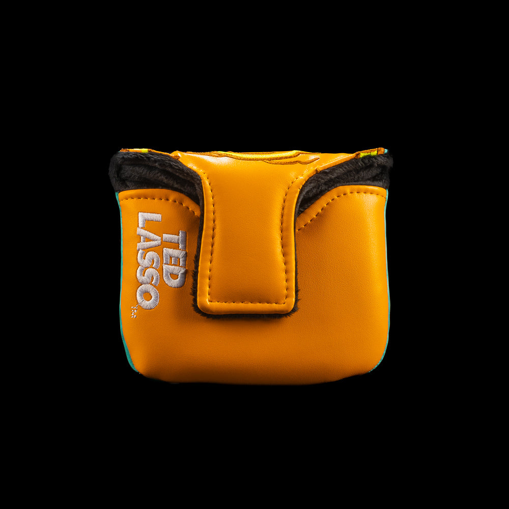 Rewind Golf x Ted Lasso officially licensed mallet golf headcover with 'Be A Goldfish' text and soccer ball design on teal and orange fabric.