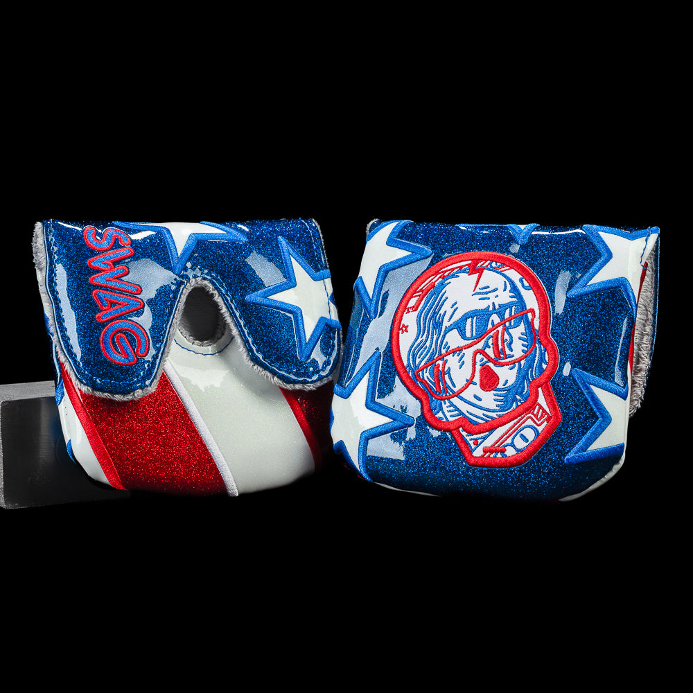 SWAG Golf Franklin Bill Skull large center shaft mallet putter cover featuring a Franklin-inspired skull with patriotic blue stars and red and white stripes.