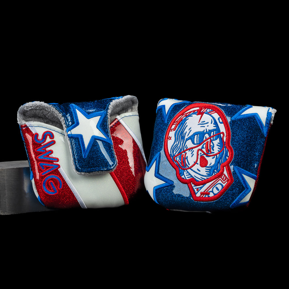 SWAG Golf Franklin Bill Skull mallet putter cover featuring a Ben Franklin-inspired skull wearing sunglasses with blue stars and red and white stripe graphics.