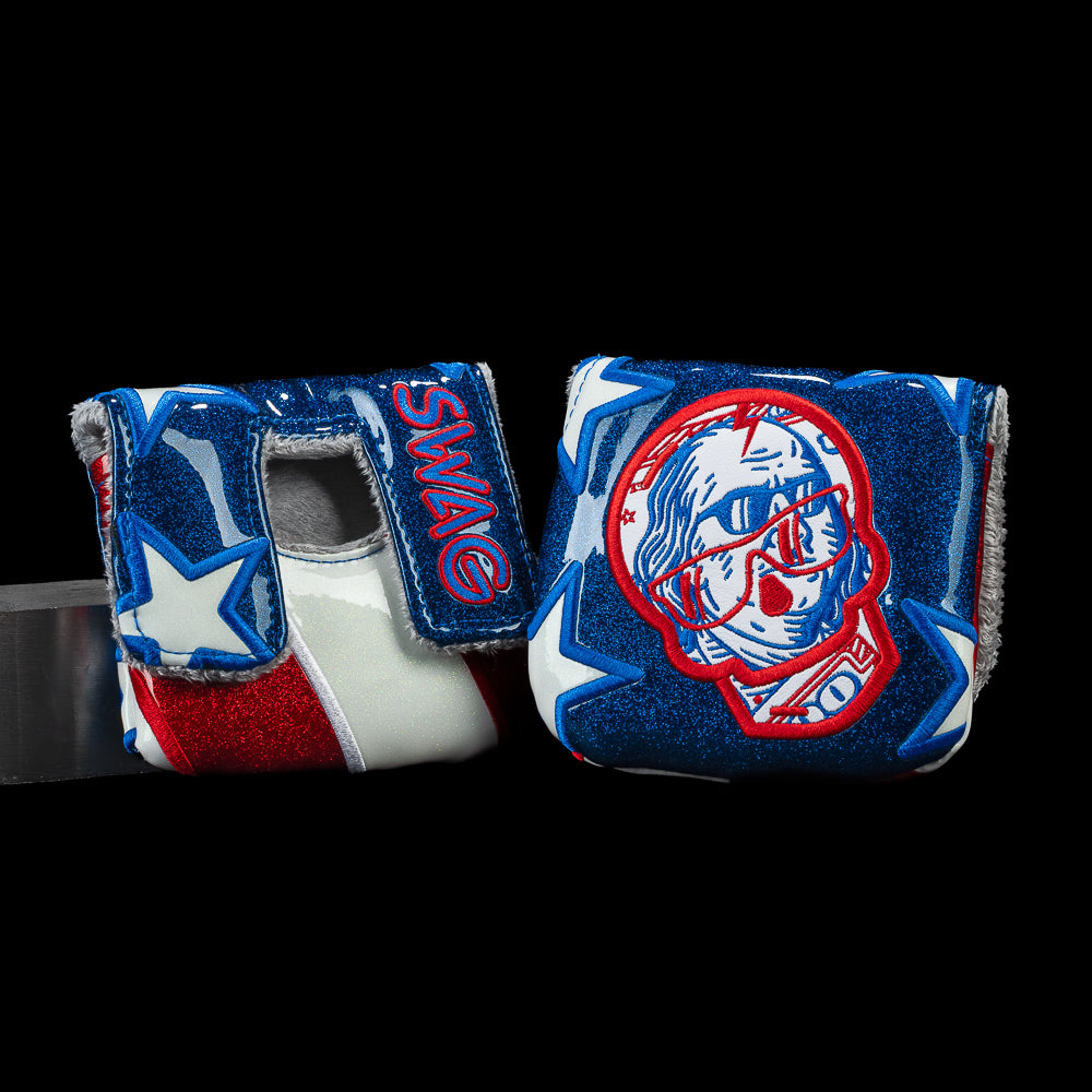 SWAG Golf Franklin Bill Skull small center shaft mallet putter cover featuring patriotic stars and stripes with a Franklin-inspired skull graphic.