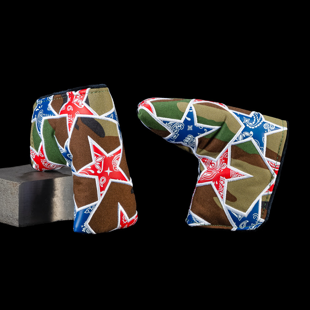 SWAG Golf Paisley Camo blade putter cover featuring camouflage print with red and blue paisley stars and patriotic styling.