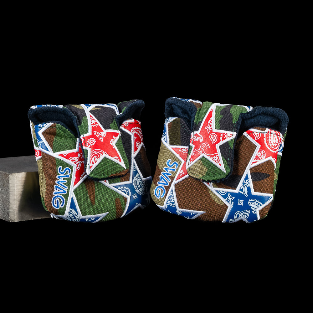 SWAG Golf Paisley Camo mallet putter cover featuring camouflage graphics with red and blue paisley stars and patriotic detailing.