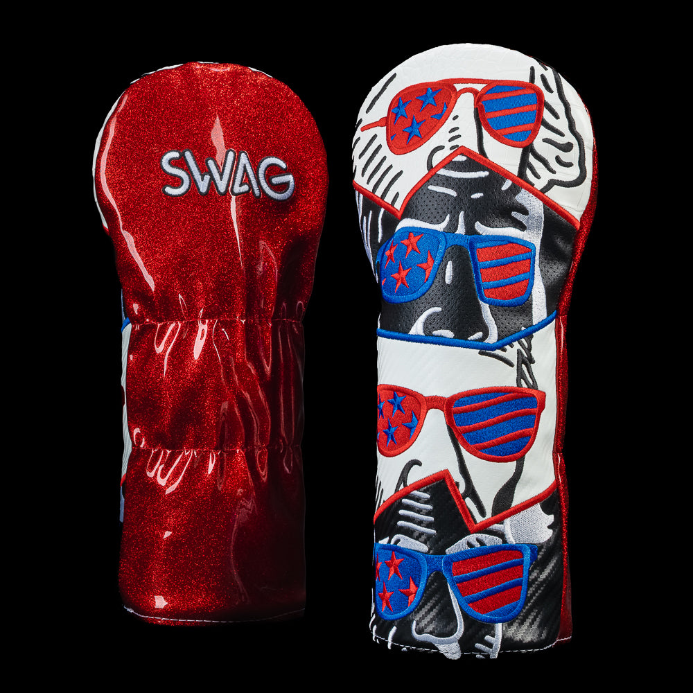 SWAG Golf Presidential Peepers 2.0 driver cover featuring presidential portraits wearing red, white, and blue American flag sunglasses with a red glitter back panel.