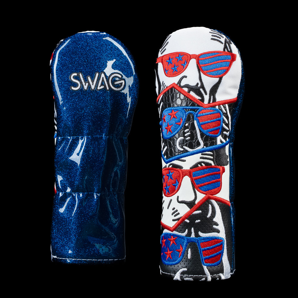 SWAG Golf Presidential Peepers 2.0 hybrid cover featuring presidential portraits wearing American flag sunglasses with a blue glitter back panel.