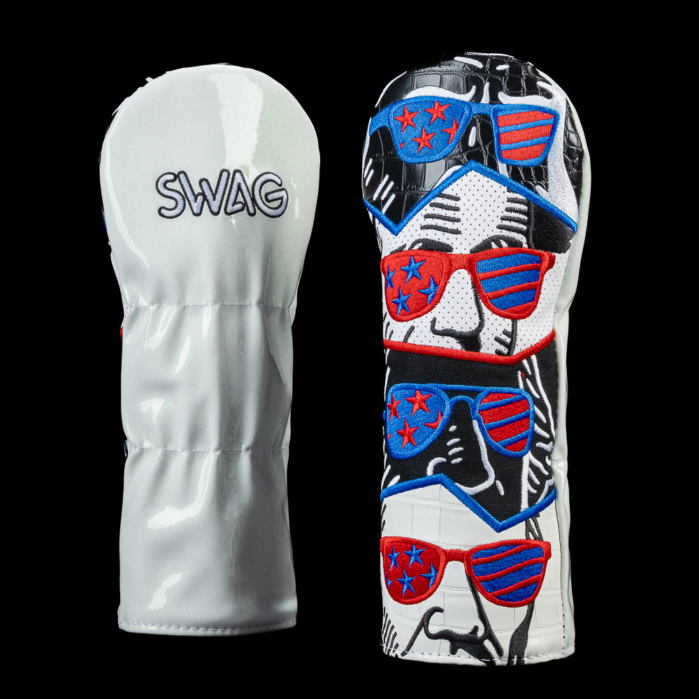 SWAG Golf Presidential Peepers 2.0 fairway cover featuring presidential portraits with patriotic red, white, and blue sunglasses and a white glitter back panel.