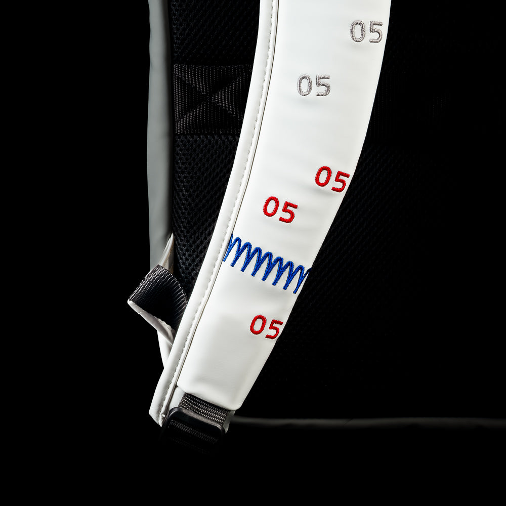 Close-up of the adjustable shoulder strap on the RWB Gigantic Lincoln Backpack featuring patriotic red, white, and blue currency-inspired graphics.