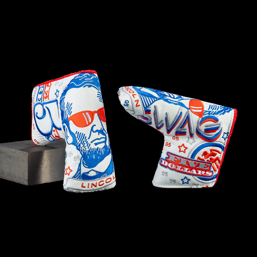 SWAG Golf RWB Gigantic Lincoln blade putter cover featuring oversized Abraham Lincoln artwork and patriotic currency graphics.