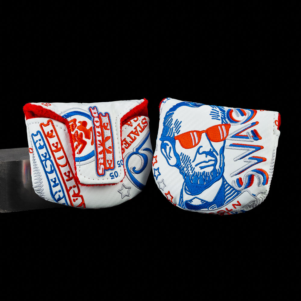 SWAG Golf RWB Gigantic Lincoln Boss mallet putter cover featuring oversized Abraham Lincoln artwork with patriotic currency-inspired graphics and red, white, and blue details.