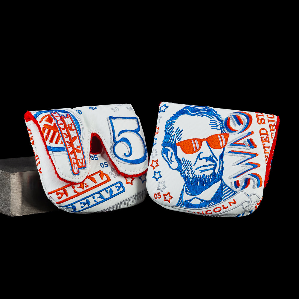 SWAG Golf RWB Gigantic Lincoln large center shaft mallet putter cover featuring Abraham Lincoln artwork and patriotic commemorative currency graphics.