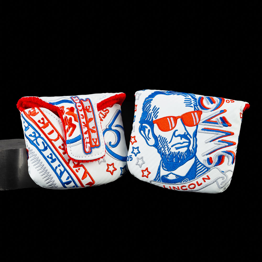 SWAG Golf RWB Gigantic Lincoln mallet putter cover featuring oversized Abraham Lincoln artwork with patriotic red, white, and blue graphics.