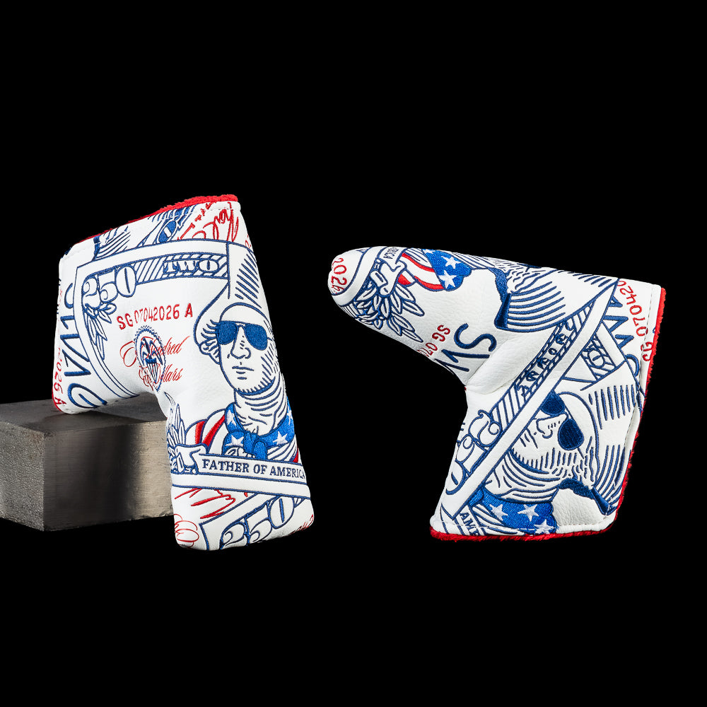 SWAG Golf $250 Washington blade putter cover featuring commemorative currency graphics with George Washington artwork and patriotic red, white, and blue details.