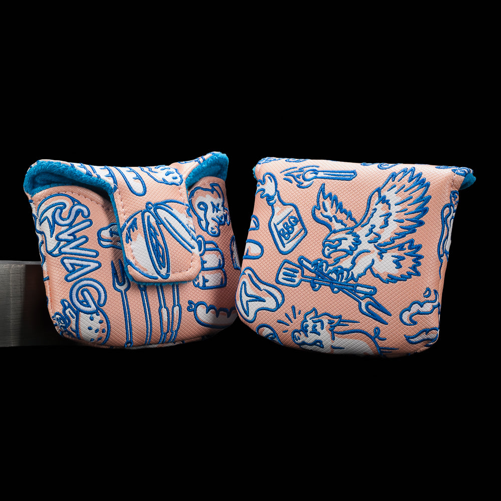 SWAG Golf Backyard BBQ Mallet Cover featuring BBQ-themed polo graphics with grills, steaks, burgers, hot dogs, and cookout artwork.
