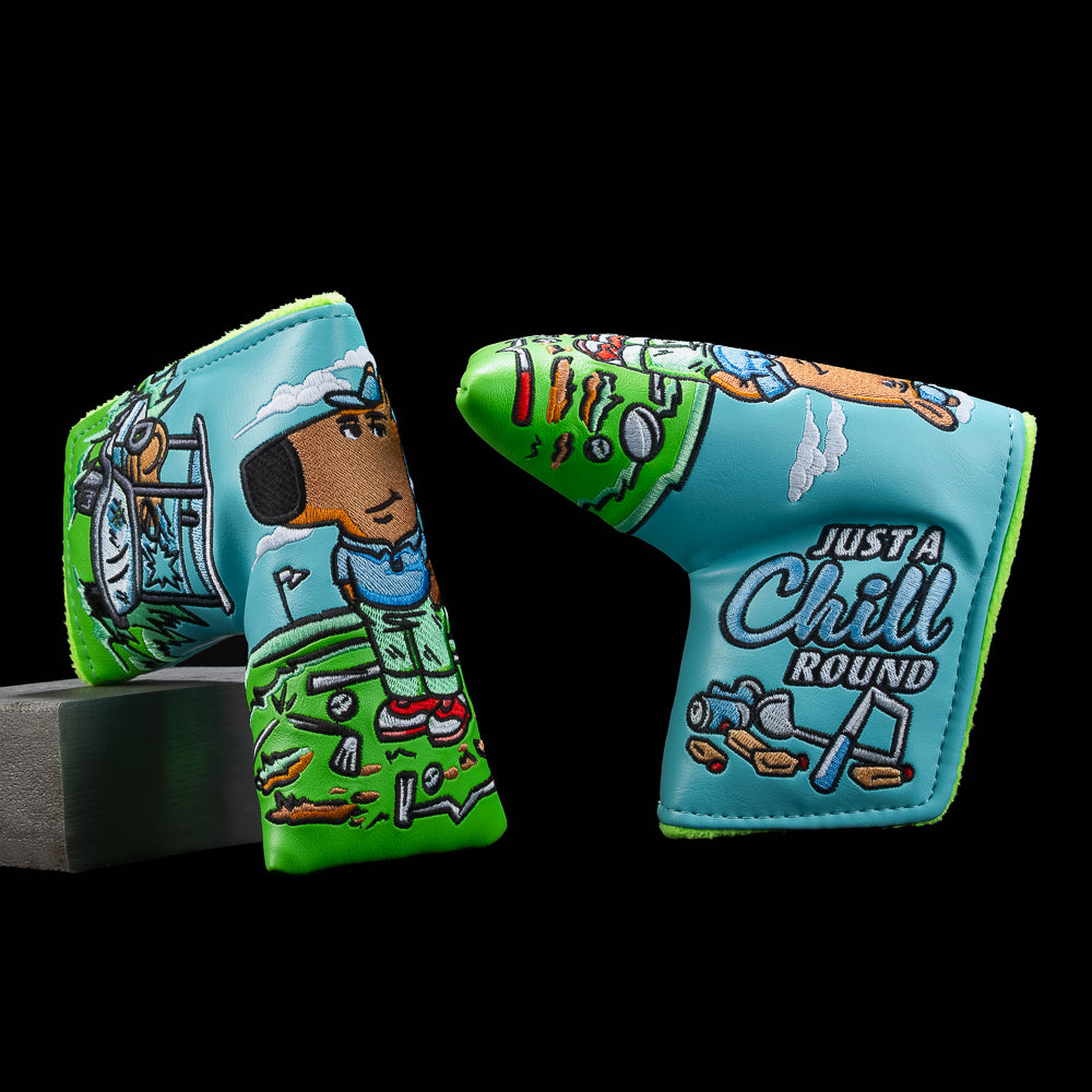 SWAG Golf Just A Chill Round Blade Cover featuring meme-inspired dog character standing calmly during golf chaos and broken clubs.