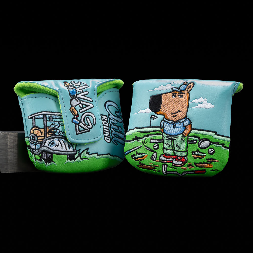 SWAG Golf Just A Chill Round Mallet Cover with meme-inspired calm dog character surrounded by golf chaos and broken equipment.