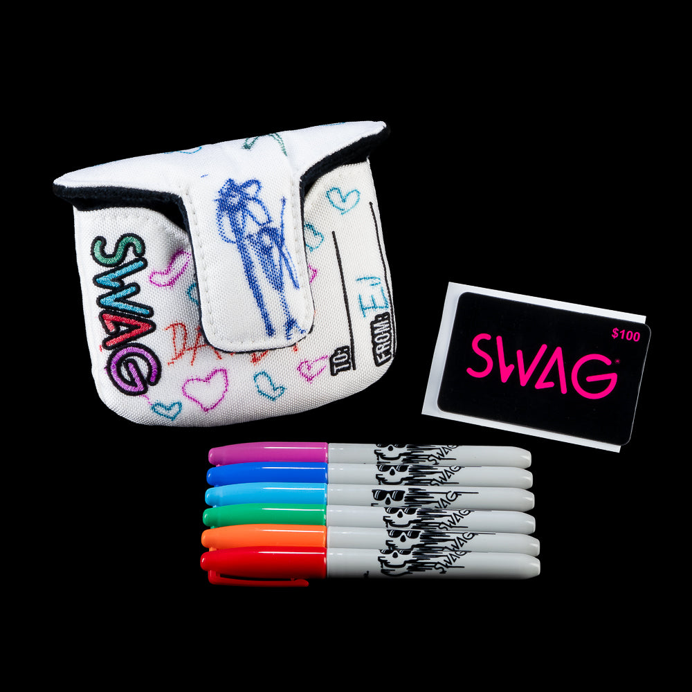 White golf head cover with colorful text and drawings, accompanied by markers and a 'SWAG' gift card on a black background.