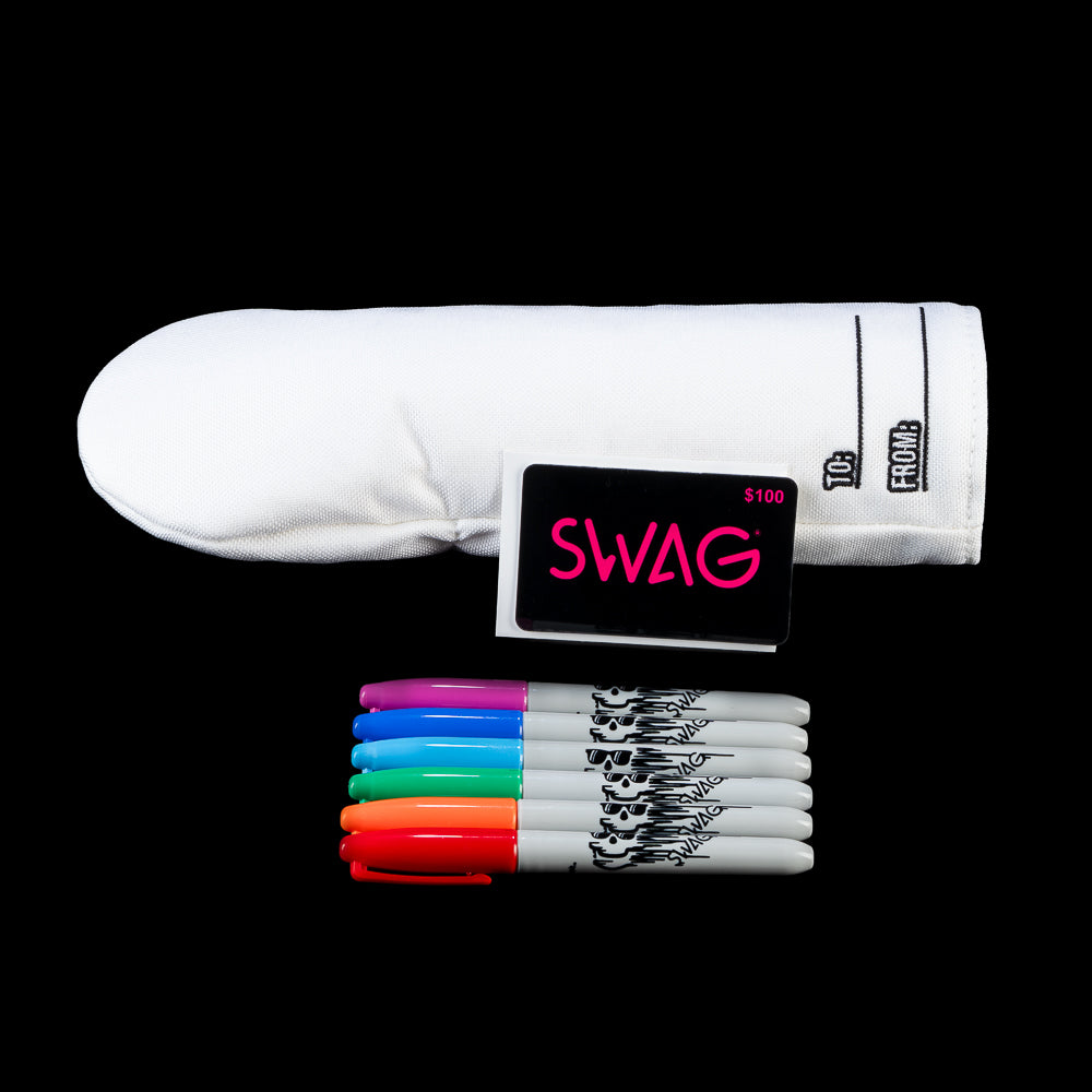 SWAG Golf blank white fairway headcover with gift card and six pack of sharpies.