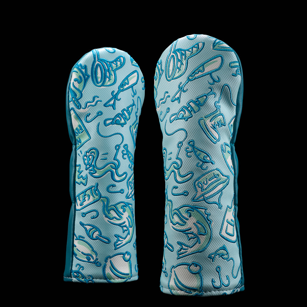 SWAG Golf Gone Fishin’ Fairway Cover with fishing-inspired all-over print featuring fish, lures, hooks, and beer graphics.