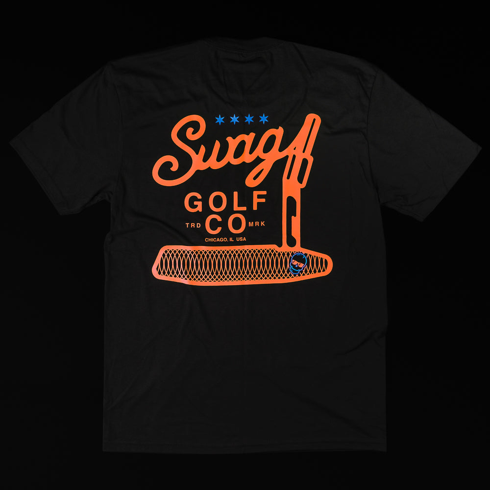 Swag Golf Co Putter screen-printed black and orange men's graphic short sleeve golf t-shirt.