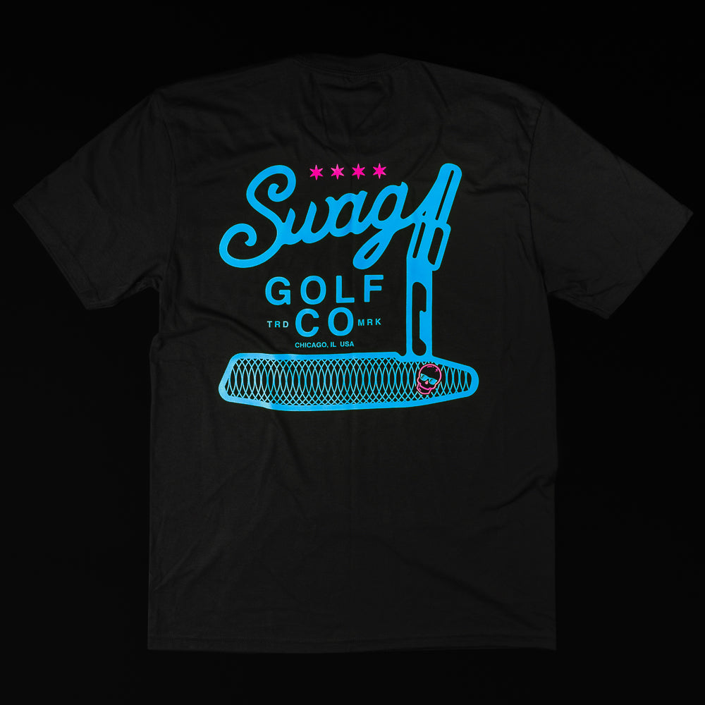 Swag Golf Co Putter screen-printed black and blue men's graphic short sleeve golf t-shirt.