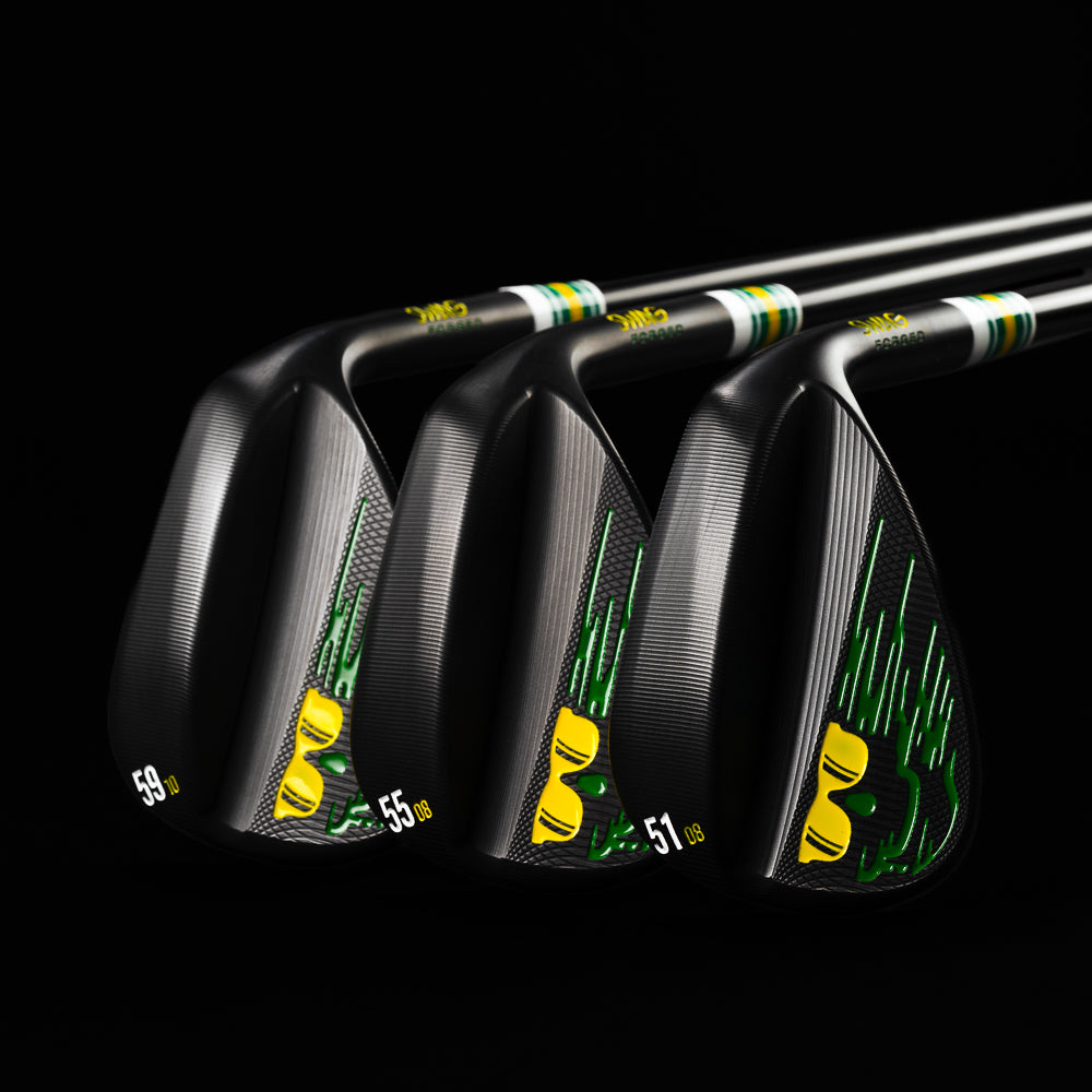 SWAG Golf black, green, and yellow 3-piece forged wedge set that includes a 51 degree, 55 degree, and 59 degree wedges.