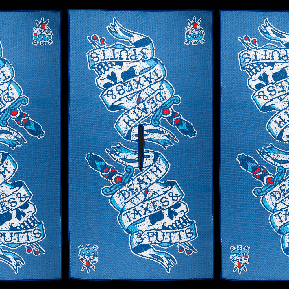 SWAG Golf Death, Taxes & 3-Putts golf towel featuring tattoo-style skull and dagger artwork with Americana-inspired graphics.
