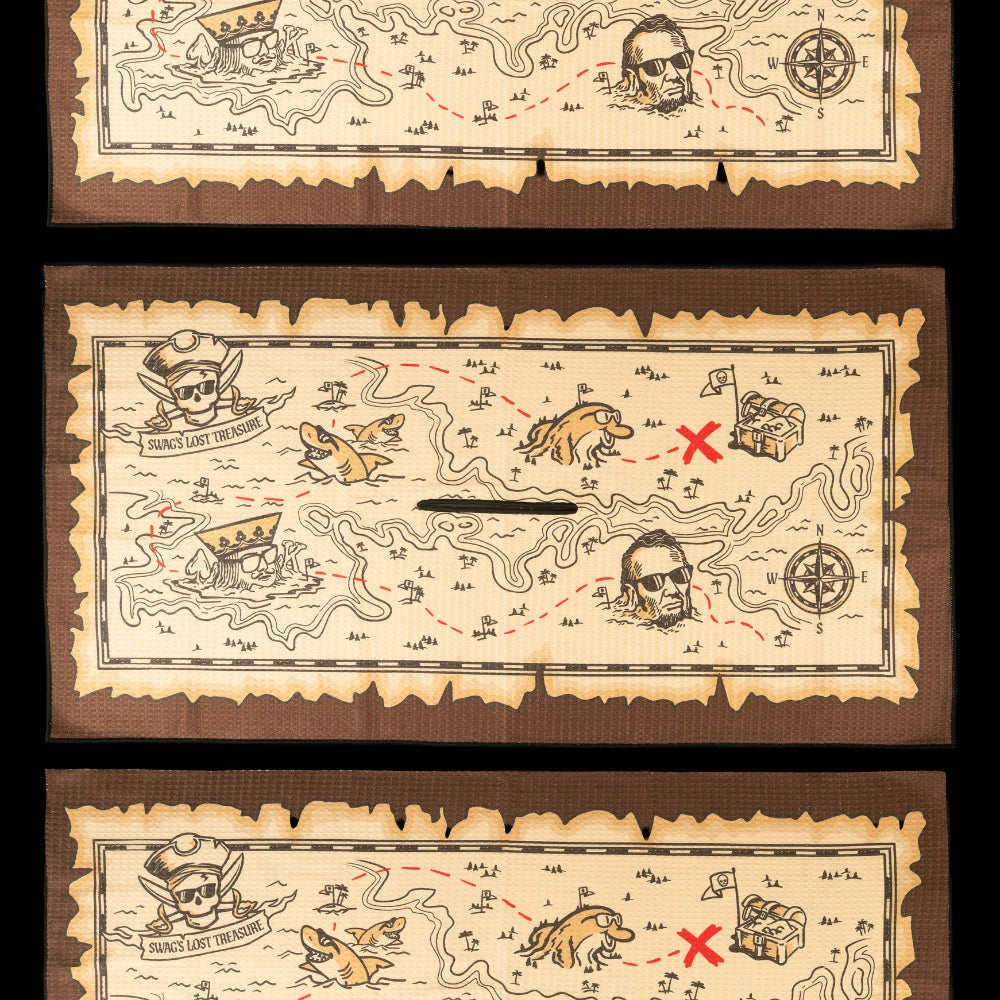 Treasure Map Golf Towel featuring SWAG skull pirate design and illustrated map artwork with compass and red X.
