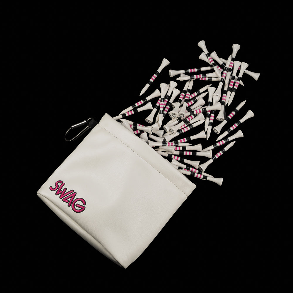White SWAG Golf tee pouch with pink embroidered SWAG logo overflowing with white golf tees featuring pink and black stripe accents.