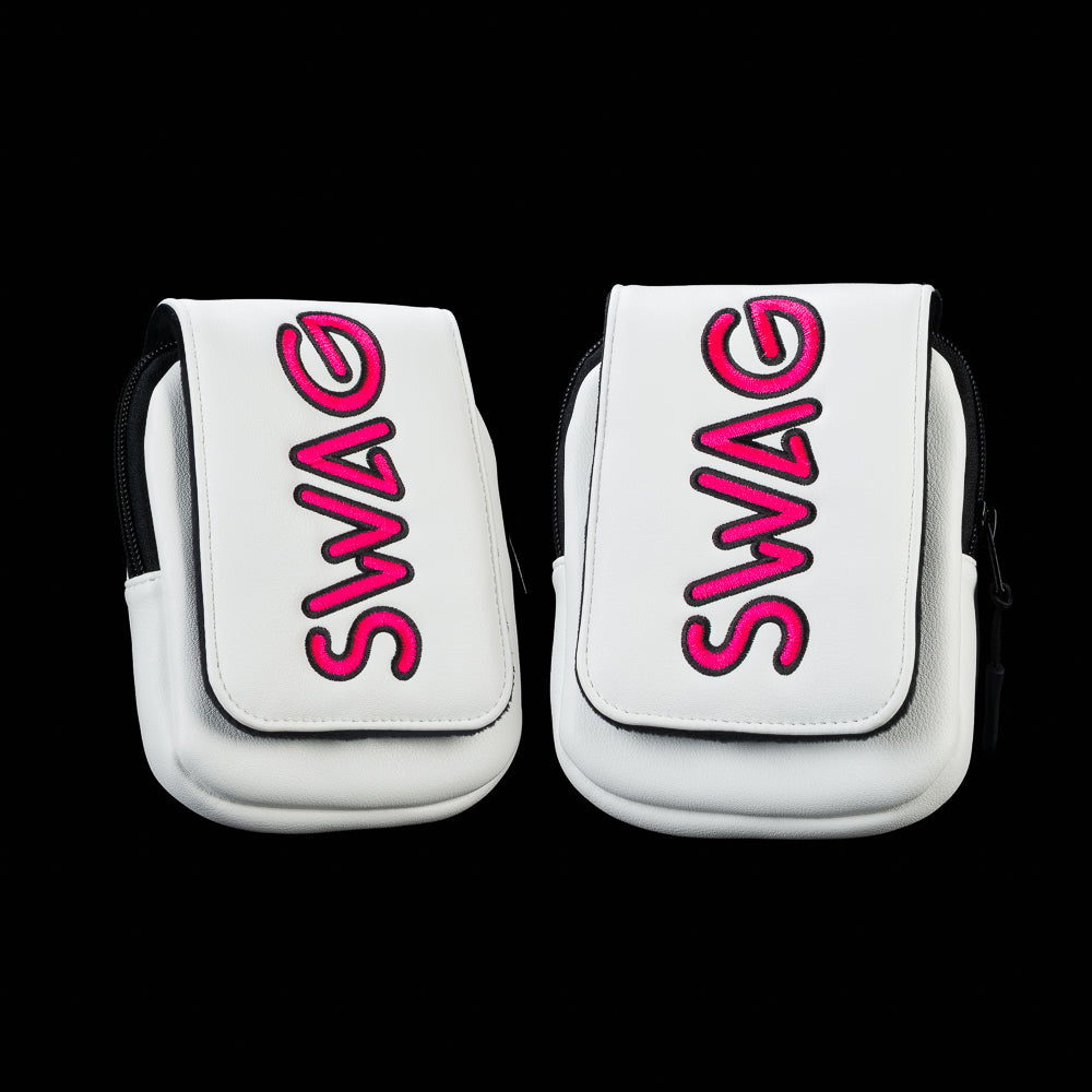 White SWAG Golf rangefinder case featuring bold neon pink SWAG embroidery with premium white leather construction and black trim detailing.