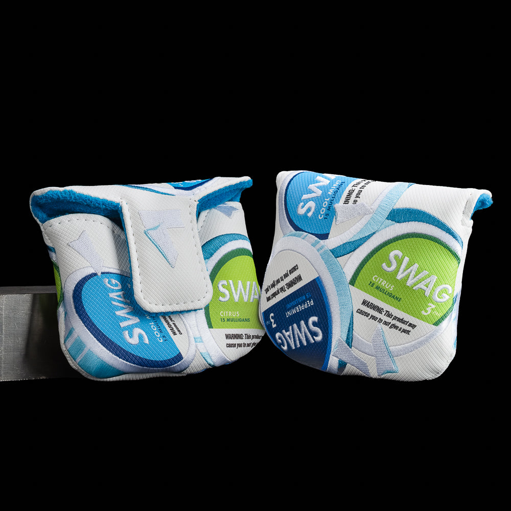 SWAG Golf stacked lip pillows themed mallet golf headcover with white, blue, and green design.