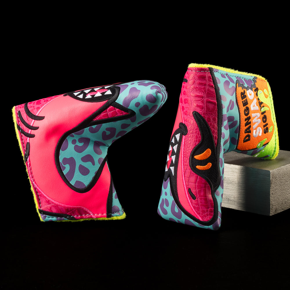 SWAG Golf Big Shark pink, aqua, green, and purple blade putter golf headcover made in the USA.