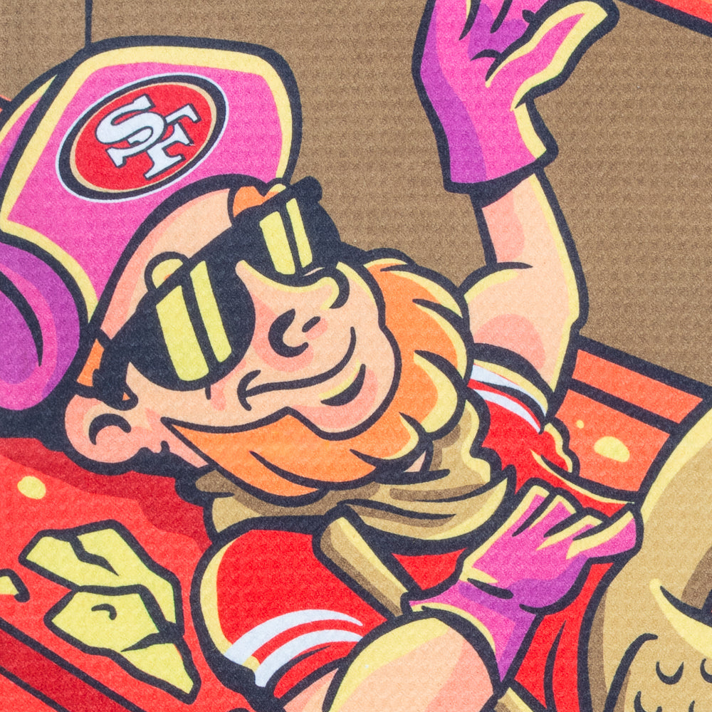 Cartoon character with a San Francisco 49ers NFL helmet golf towel, on a colorful background