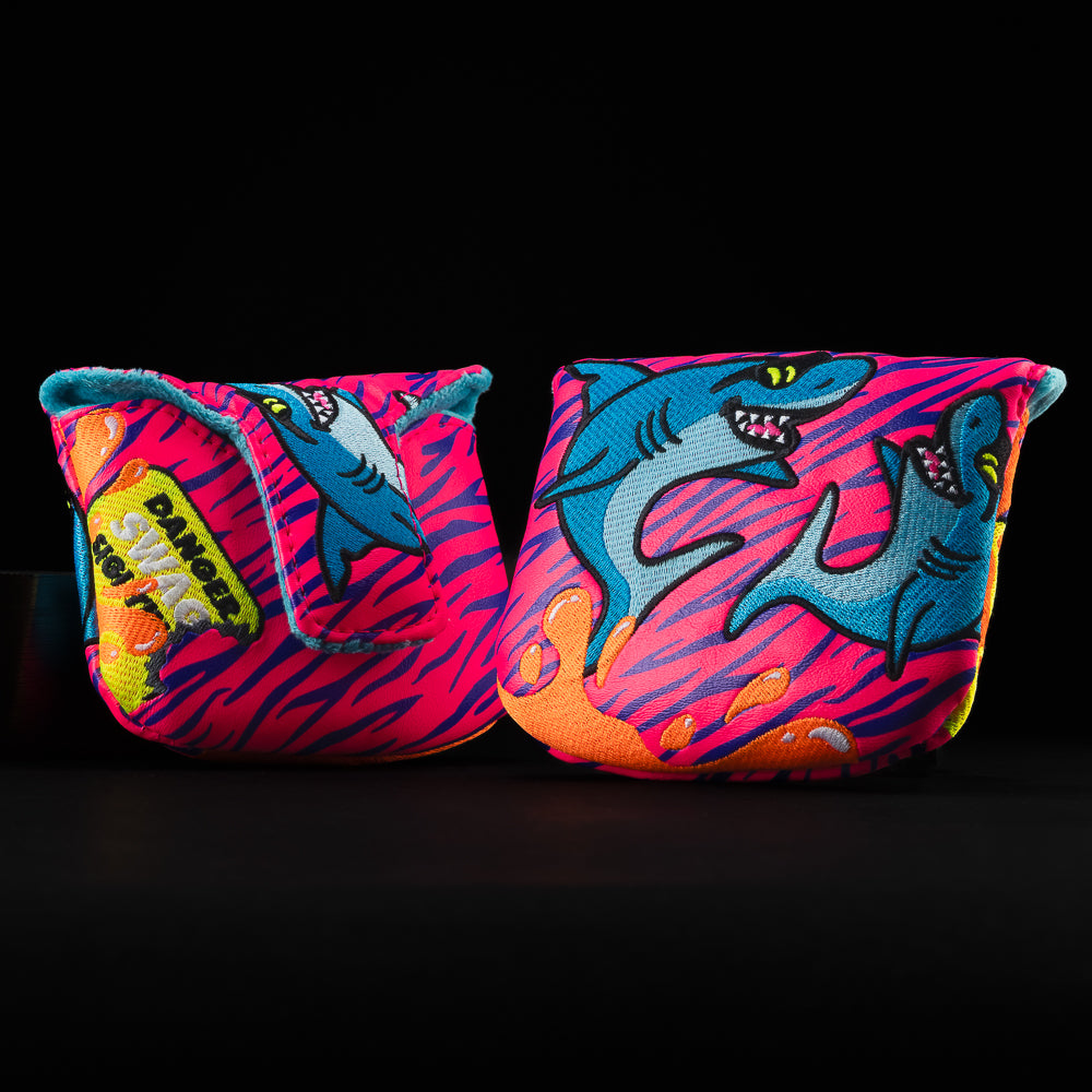 Pool Party Shark in blue, neon pink, orange and yellow mallet golf club head cover made in the USA.