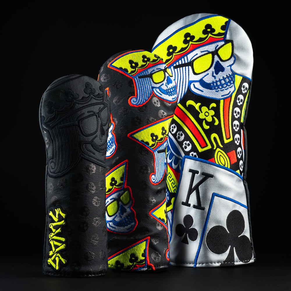 Skeleton King of Swag black, yellow, orange and gray three-piece golf wood head cover set. Made in the USA.