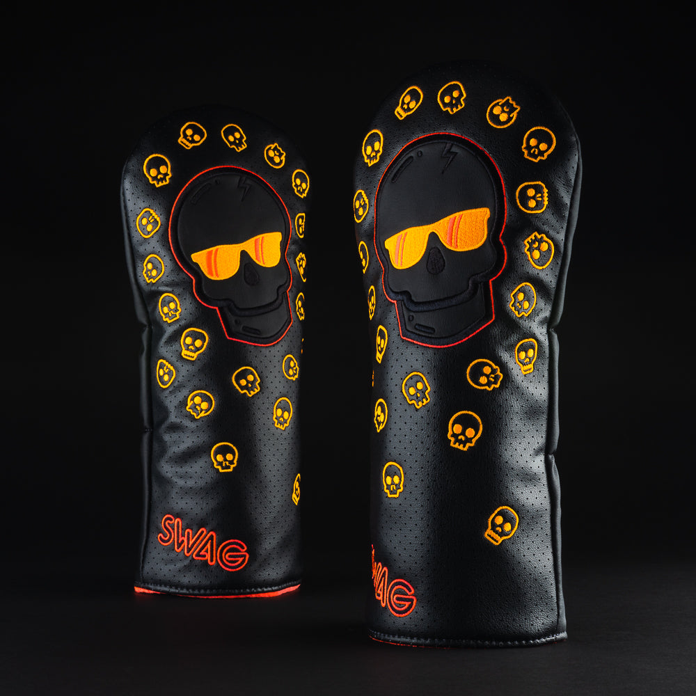 Orange flare skull special black and orange driver golf club head cover made in the USA.