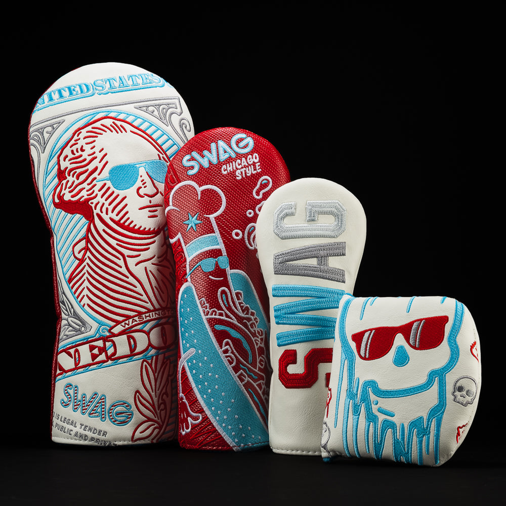 Smyile Starter Box with Driver, Fairway, Hybrid, and mallet golf club headcover in red, white, blue and silver.