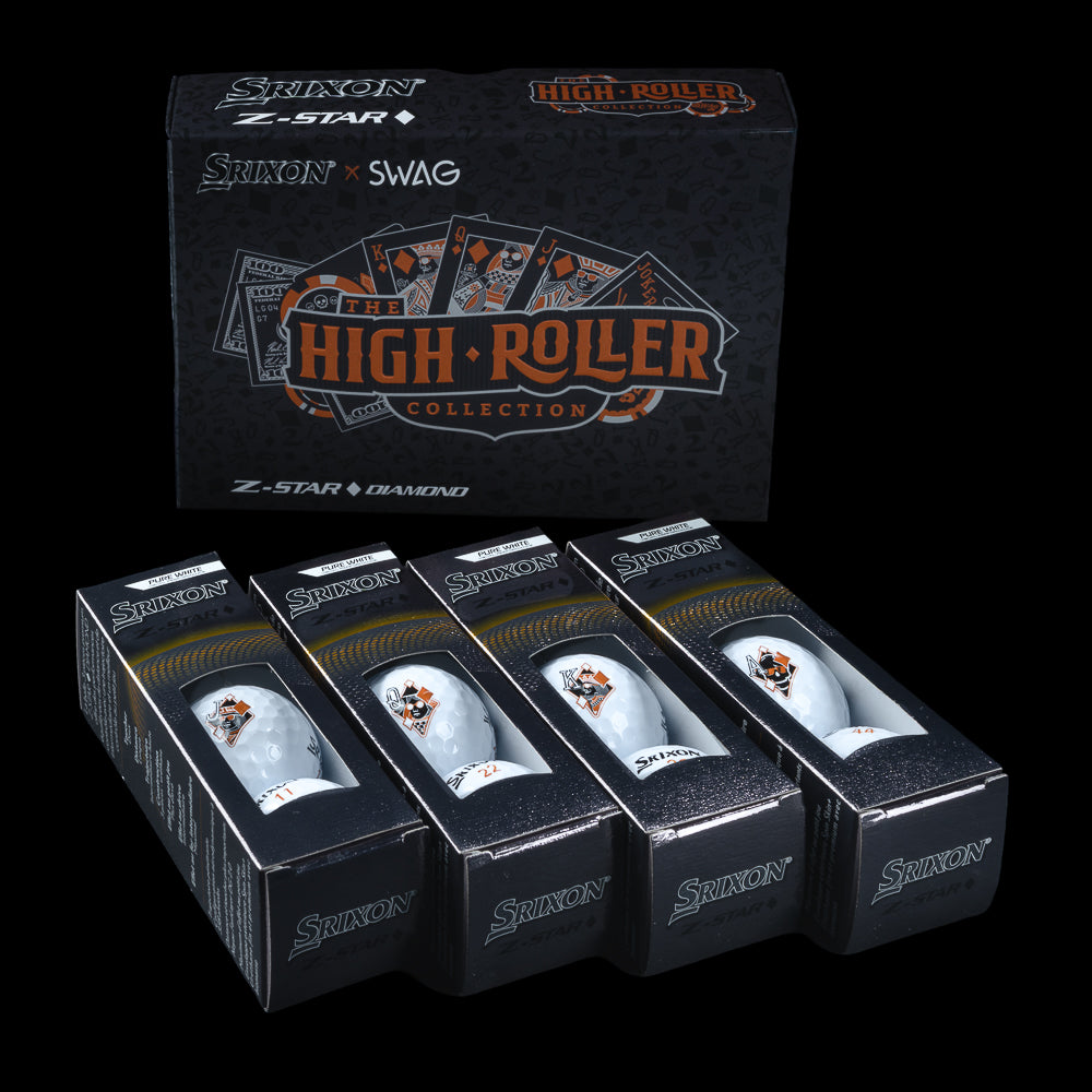 SWAG x Srixon golf ball dozen packaging with 'High Roller Collection' branding on a black background
