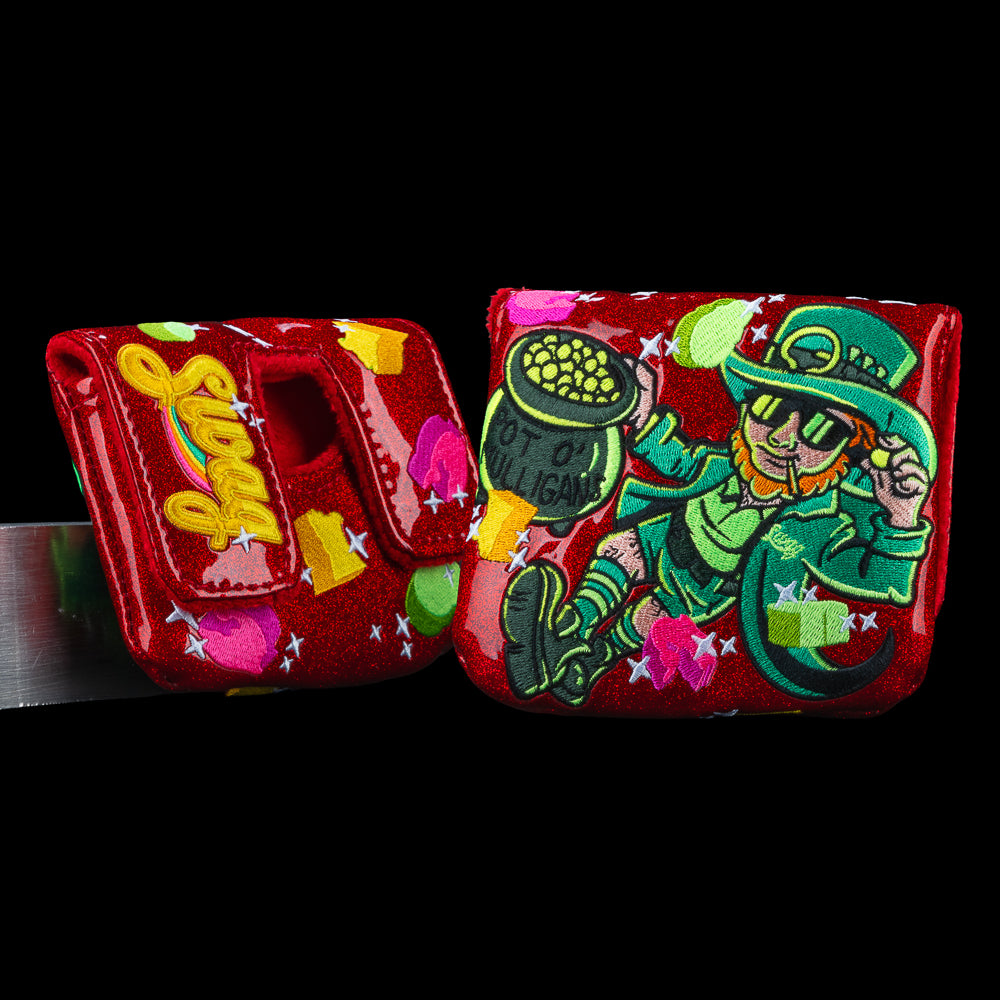 SWAG Golf Pot O’ Mulligans center shaft mallet cover in red sparkles with leprechaun graphic and pot of gold coin artwork.