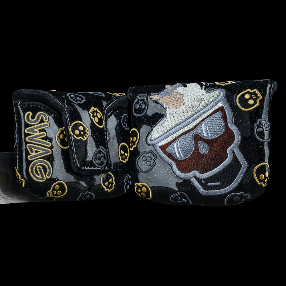 SWAG Golf Irish Cart Bomb mallet cover with frothy skull graphic, gold and black skull pattern.