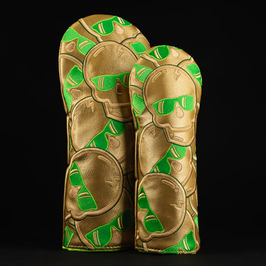 Swag stacked skulls gold and green driver and fairway wood golf headcover set made in the USA.