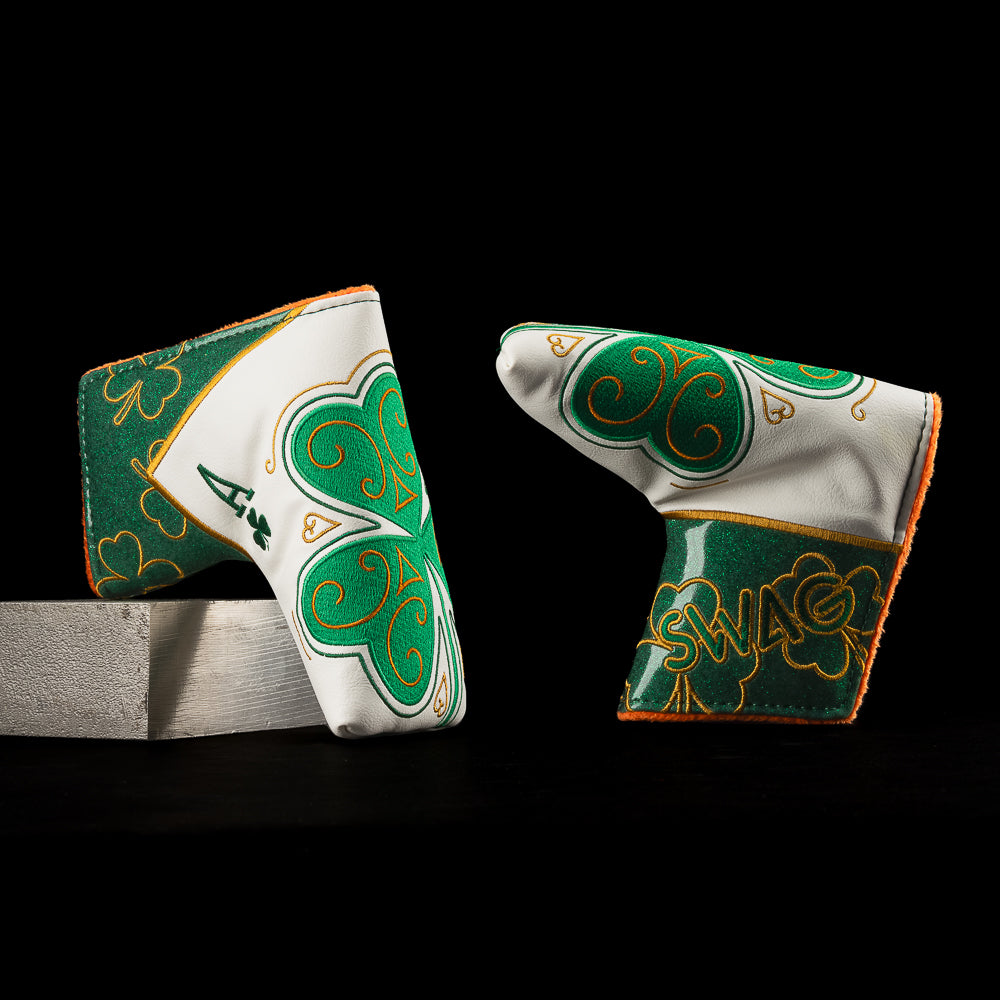 SWAG Golf ace of clovers green, white, and orange blade putter golf headcover made in the USA.