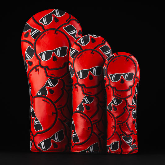 Swag Golf stacked skulls 2.0 red and black golf wood headcover set containing a driver, fairway and hybrid.