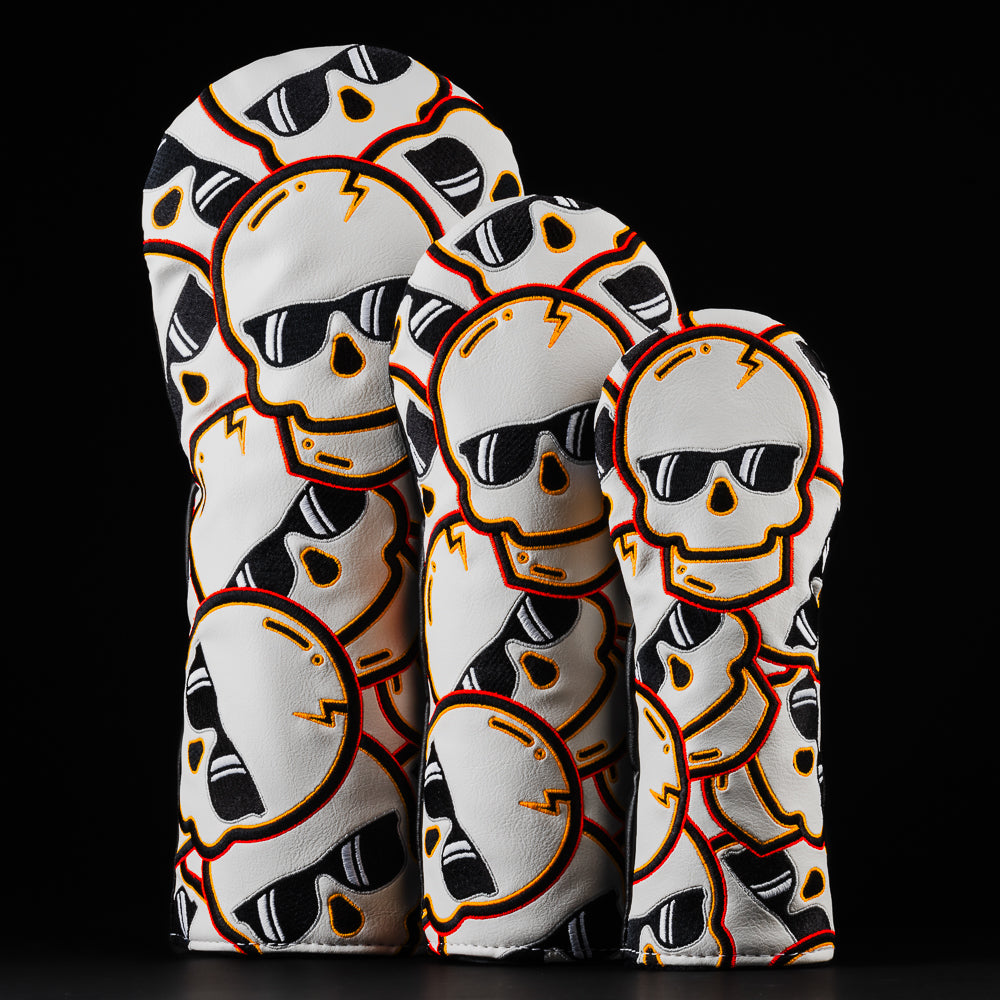 Orange flare stacked skulls 2.0 white, black and orange golf wood cover set made in the USA.
