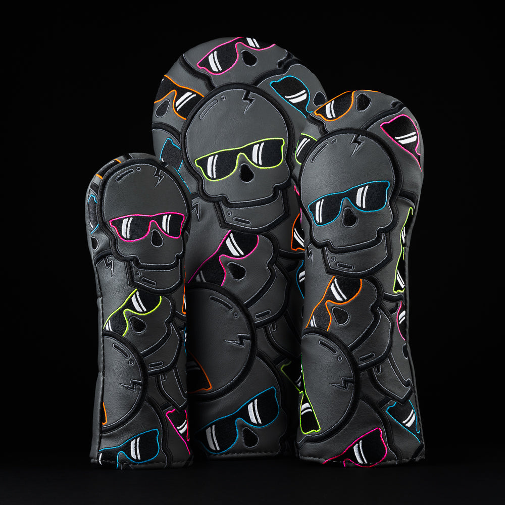 Blackout stacked skulls 2.0 black, green, pink, blue and orange wood golf head cover set of driver, fairway and hybrid made in the USA.