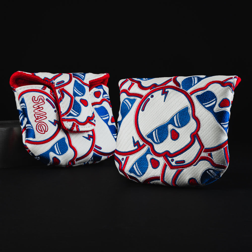 RWB stacked skulls 2.0 red, white and blue mallet putter golf head cover made in the USA.