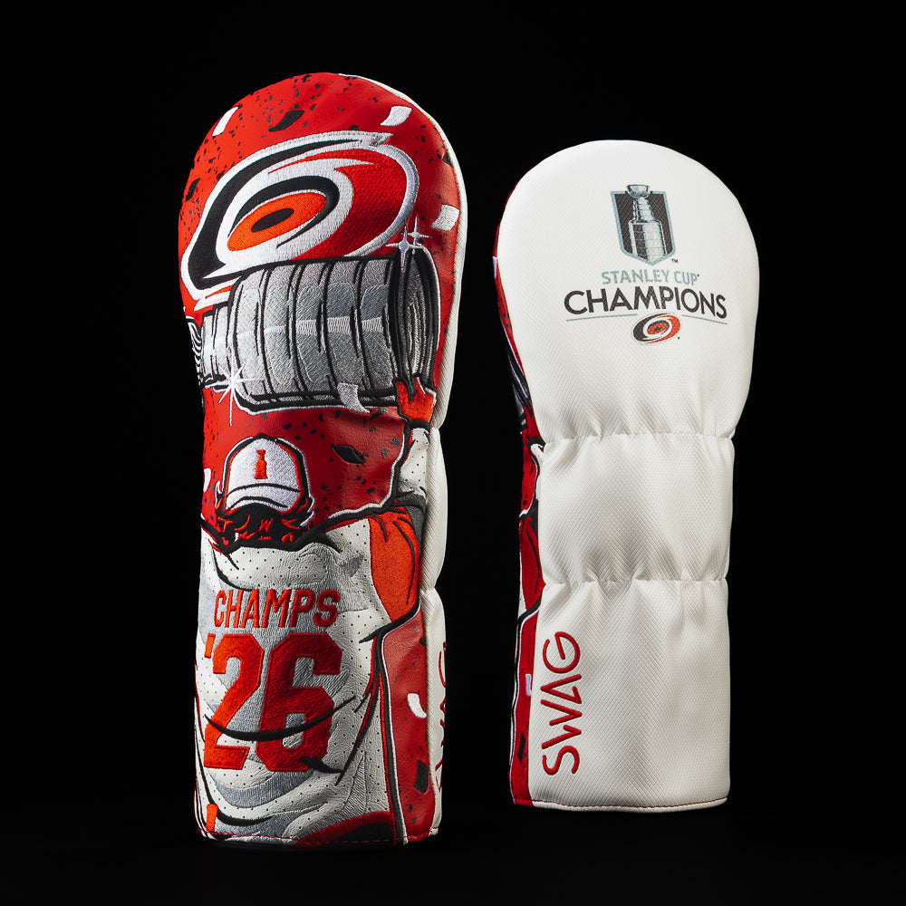 SWAG Golf Red Carolina Hurricanes golf driver headcover with 'Stanley Cup Champs' and 'Swag' text on a black background