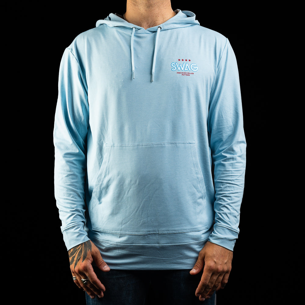 SWAG Golf x AndersonOrd blue fog heather long sleeve performance men's golf hoodie.